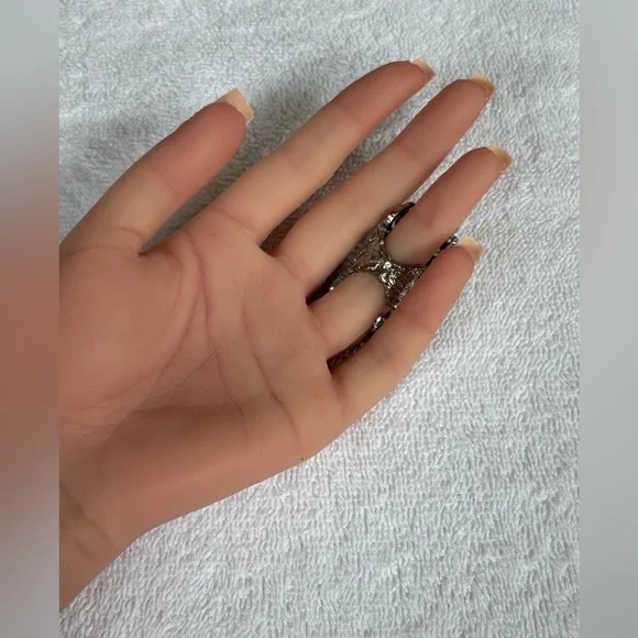 Boho Silver Tone Filigree Full Finger Ring with Rhinestones - Picture 5 of 12